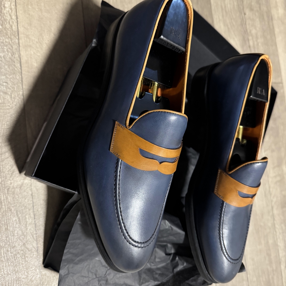 Men's Navy Leather Penny Loafers with Tan Strap